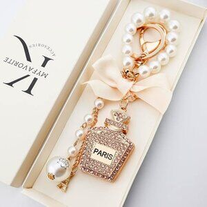 Crystal Bag Charm - Paris Perfume Bottle Pearl Keychain